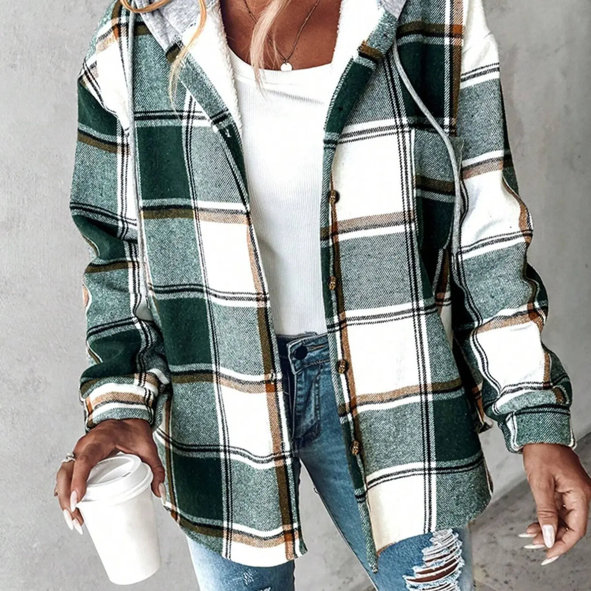 Grey and White Plaid Hooded Shirt Jacket