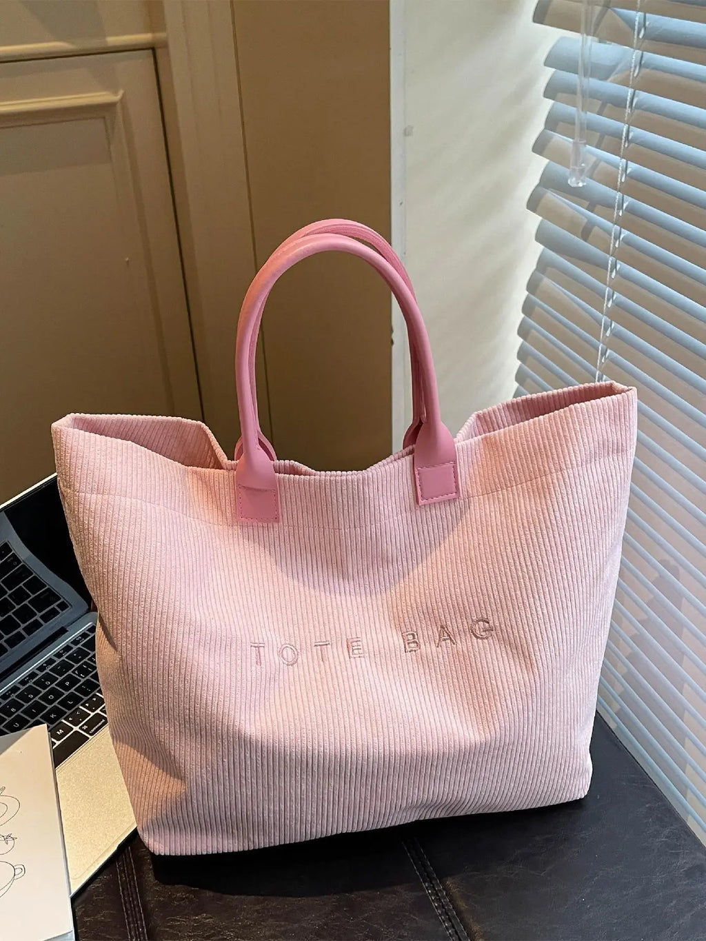 Pink Ribbed Corduroy Tote Bag with Handles