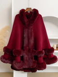 Burgundy Hooded Cape with Plush Faux Fur Trim