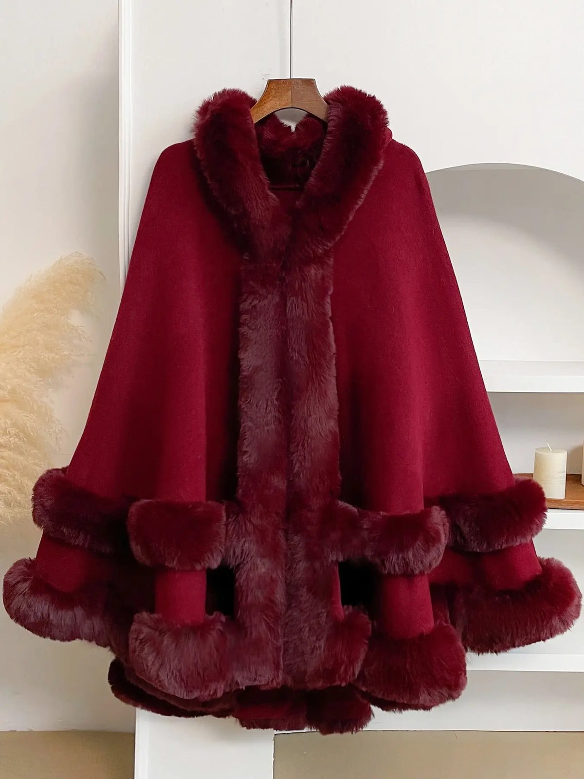 Burgundy Hooded Cape with Plush Faux Fur Trim