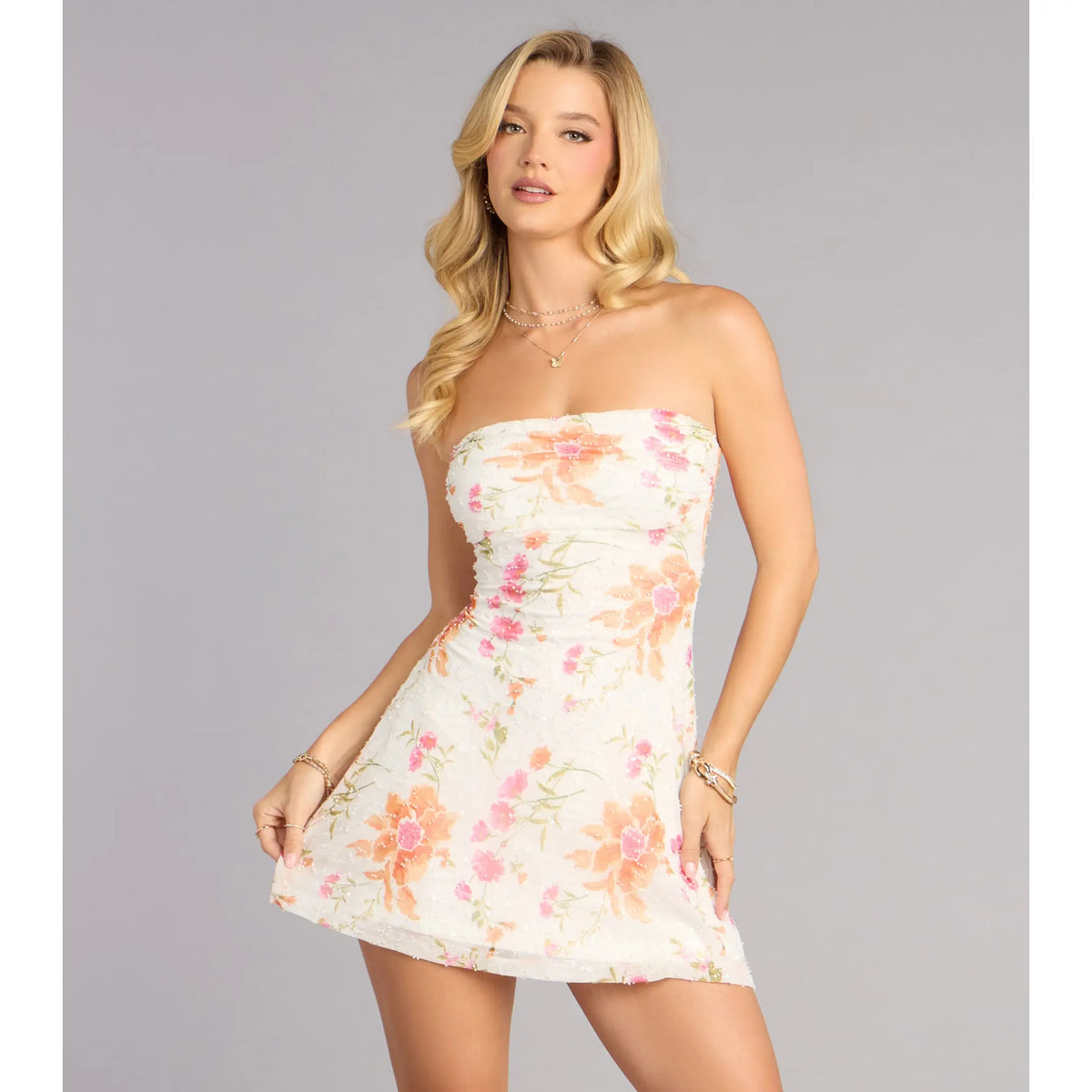 White Strapless Mini Dress with Pink Orange Flowers