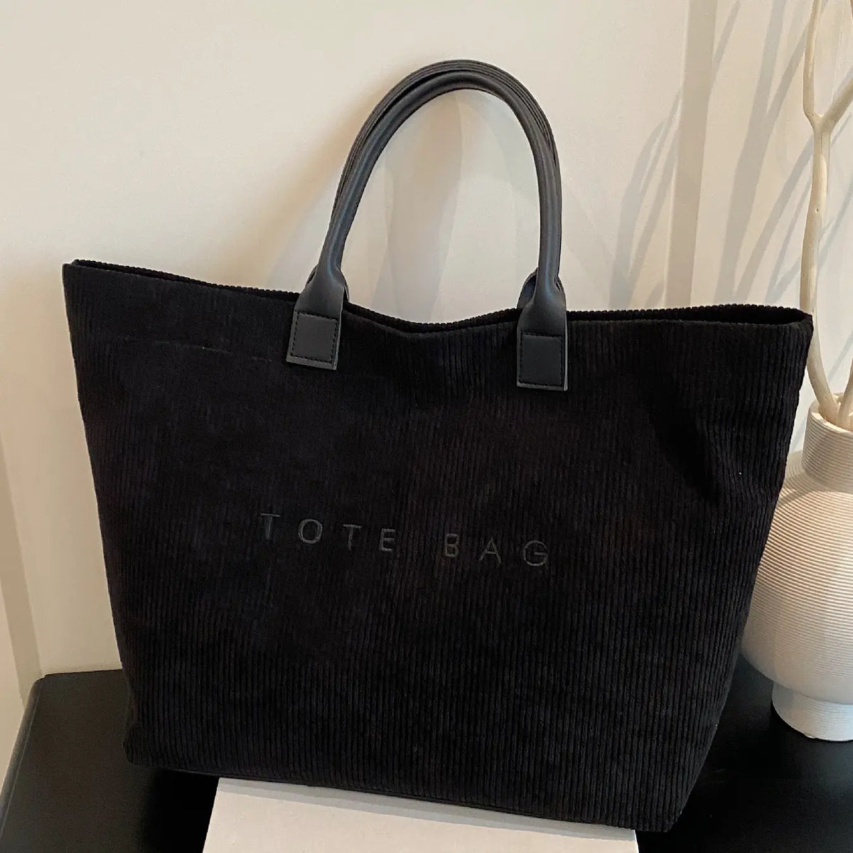 Pink Ribbed Corduroy Tote Bag with Handles