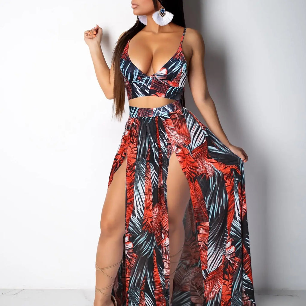 Green Palm Leaf Print Crop Top and Slit Skirt Set
