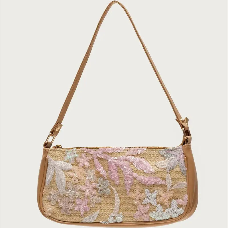 Straw Shoulder Bag with Sequin Flowers