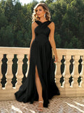 Black Halter Maxi Dress With Crossed Neckline