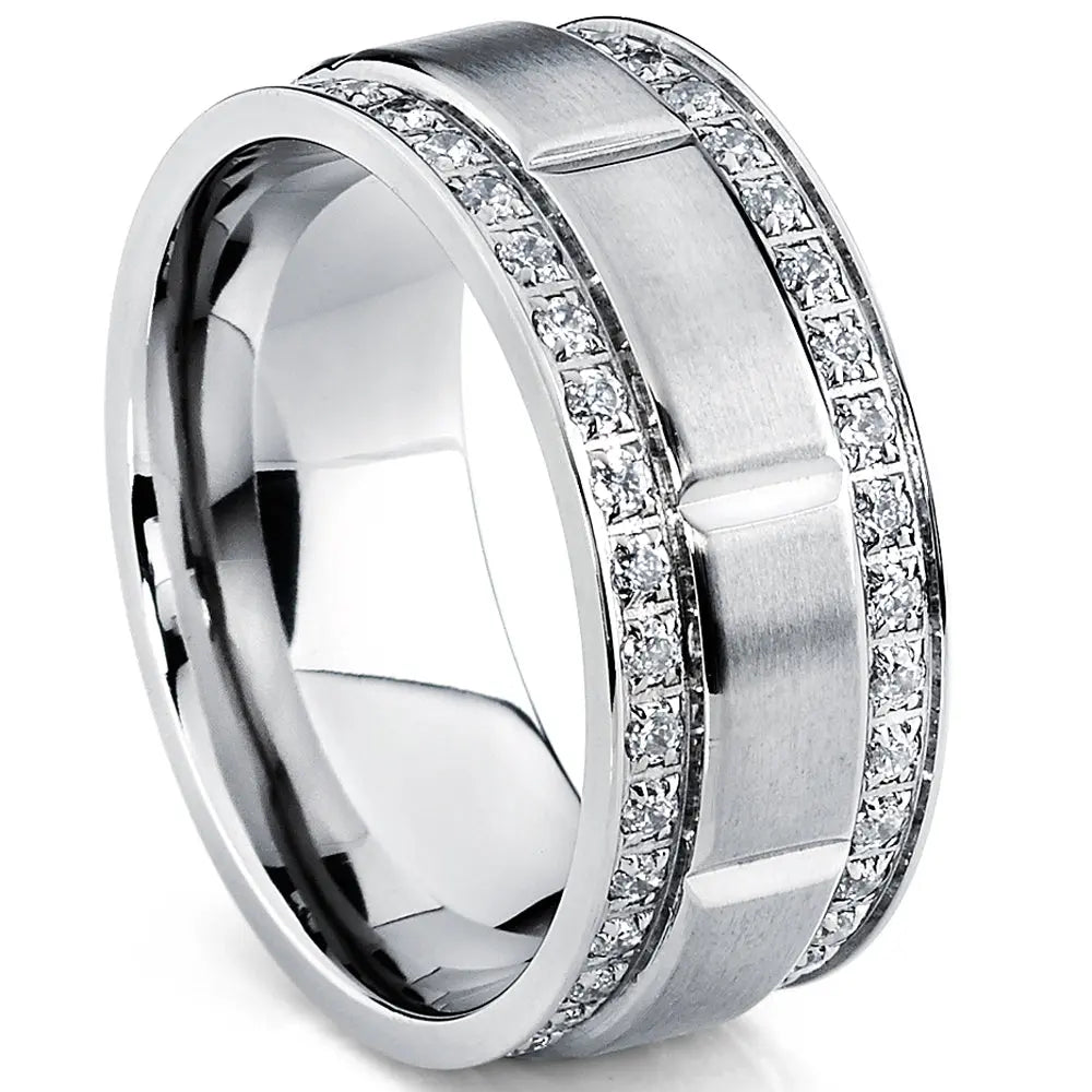 Wide Brushed Titanium Band with Double Crystal Rows