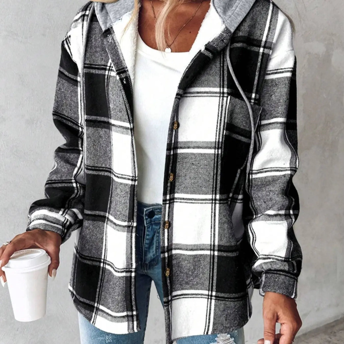 Grey and White Plaid Hooded Shirt Jacket