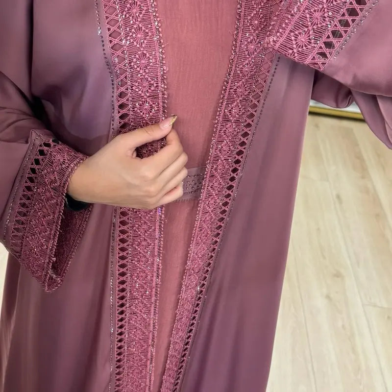 Black Long Open Robe with Lace Trim and Tie Belt