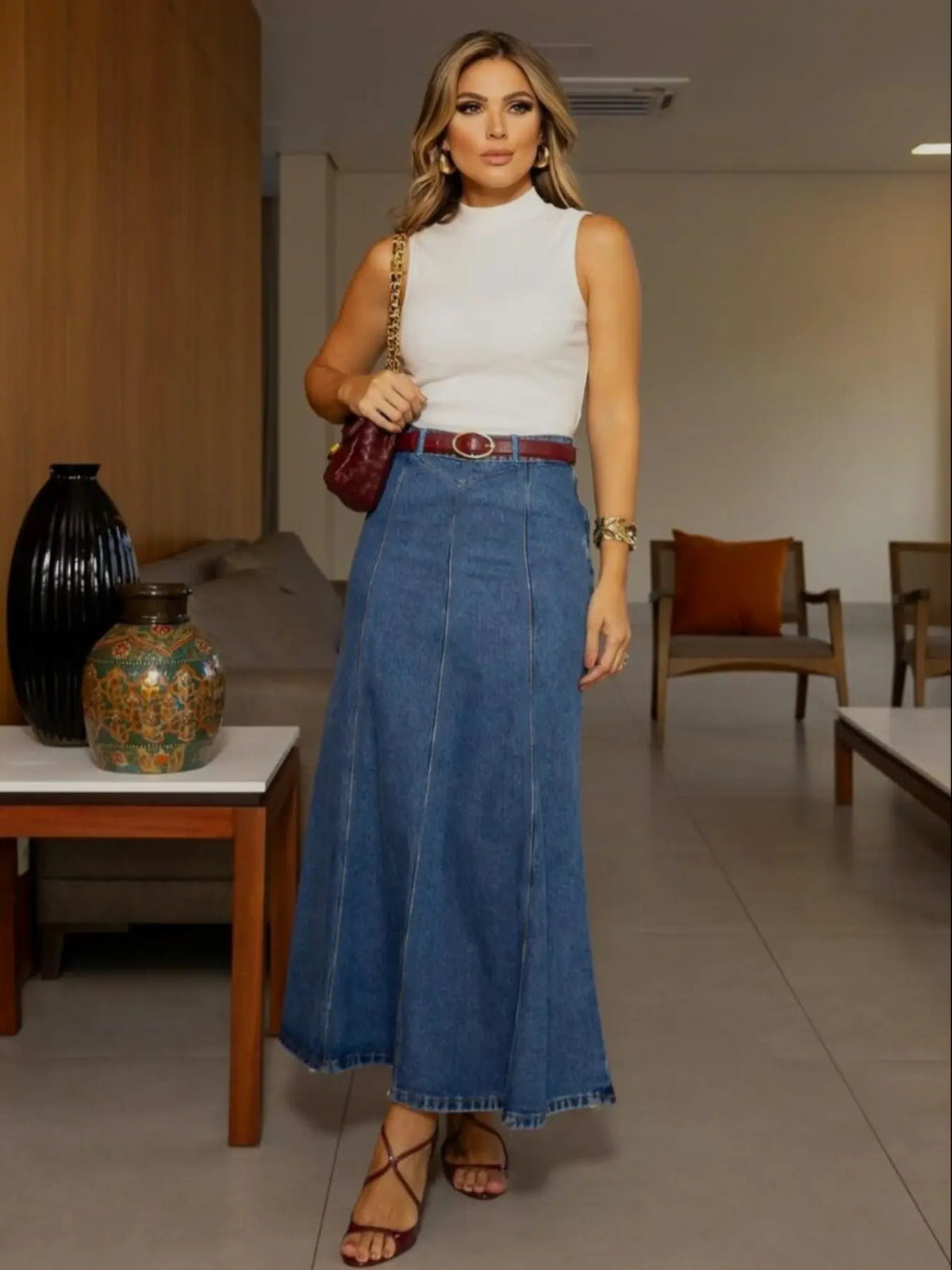 Long Denim Flared Skirt with Panel Seams