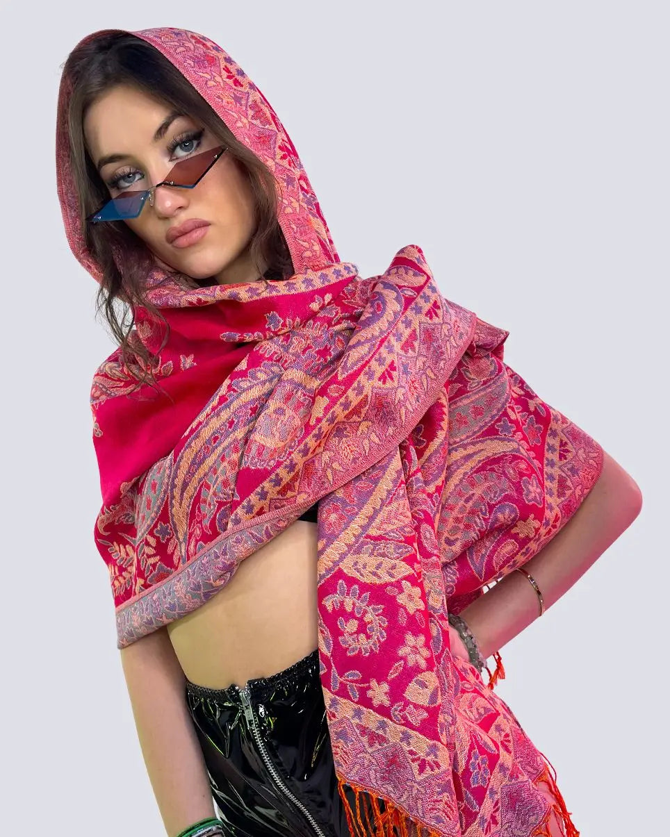 Pink Paisley Woven Shawl with Fringe