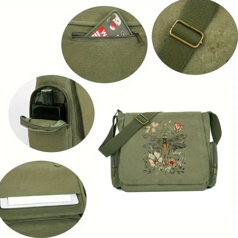 Olive Green Canvas Messenger Bag with Flap