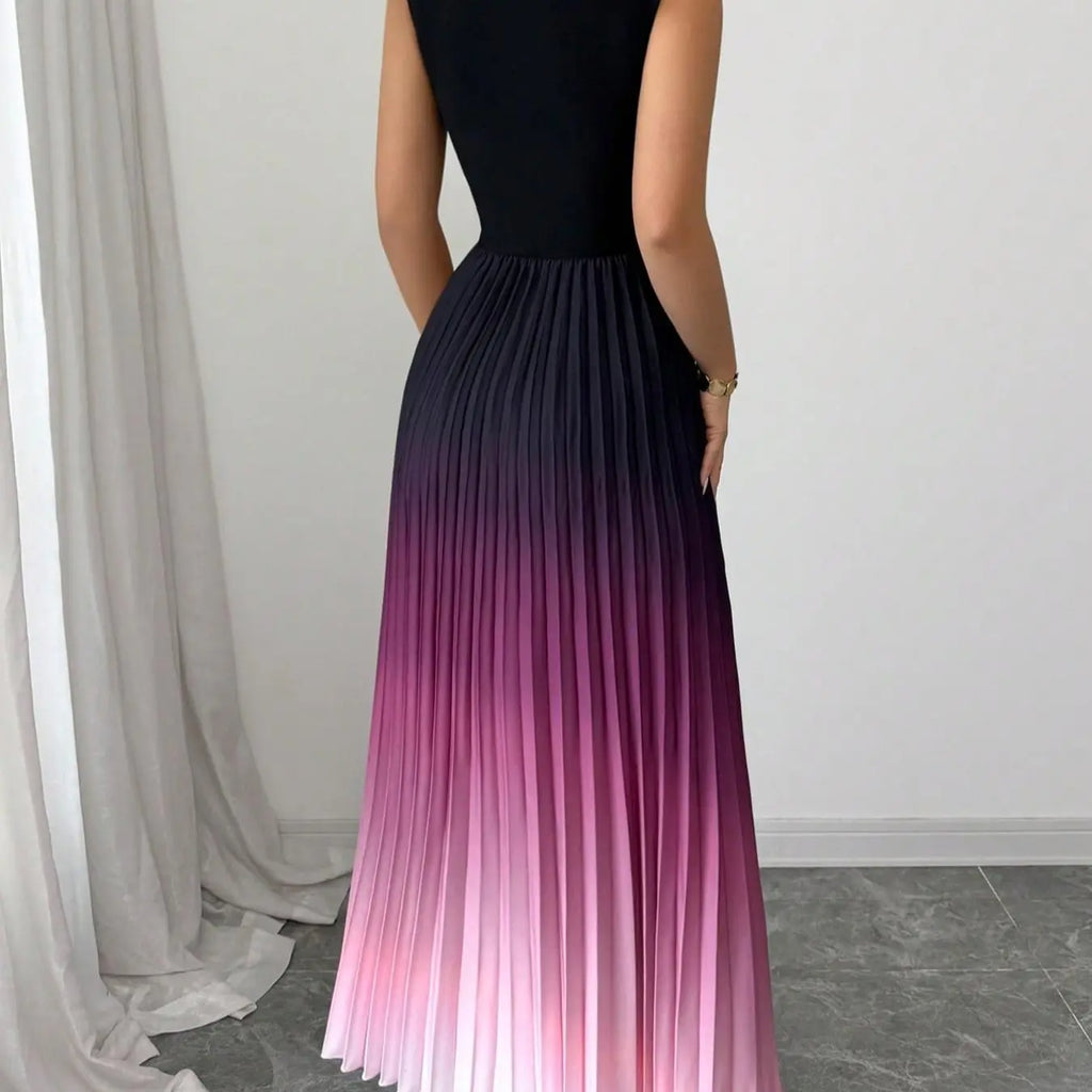 Sleeveless Pleated Maxi Dress in Black and Pink Ombre