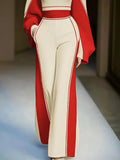 Cream Wide Leg Trousers with Red Side Stripes