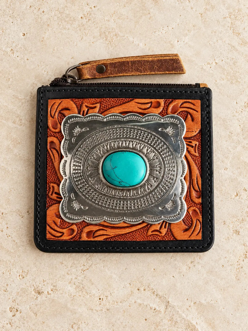 Tooled Leather Zip Wallet with Turquoise Concho