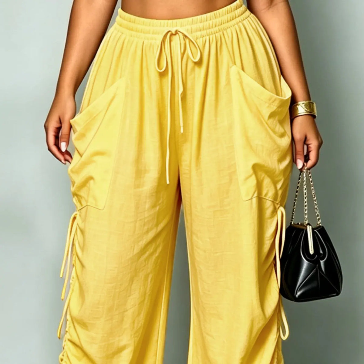 White Wide-Leg Drawstring Pants With Ruched Side Pockets