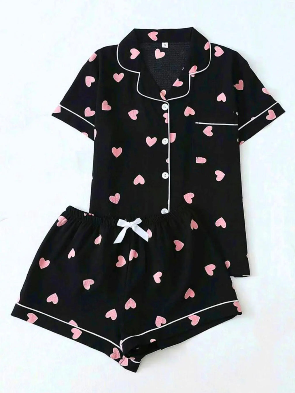 Black Heart Print Short Sleeve Pajama Set