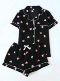 Black Heart Print Short Sleeve Pajama Set