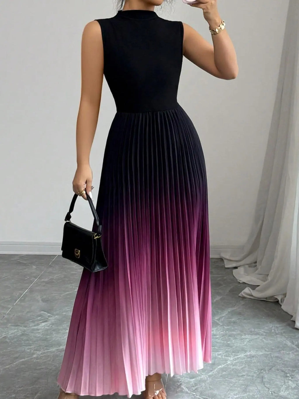 Sleeveless Pleated Maxi Dress in Black and Pink Ombre