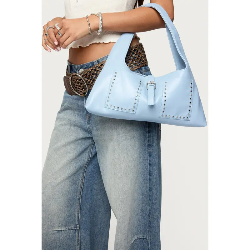 Light Blue Studded Faux Leather Shoulder Bag