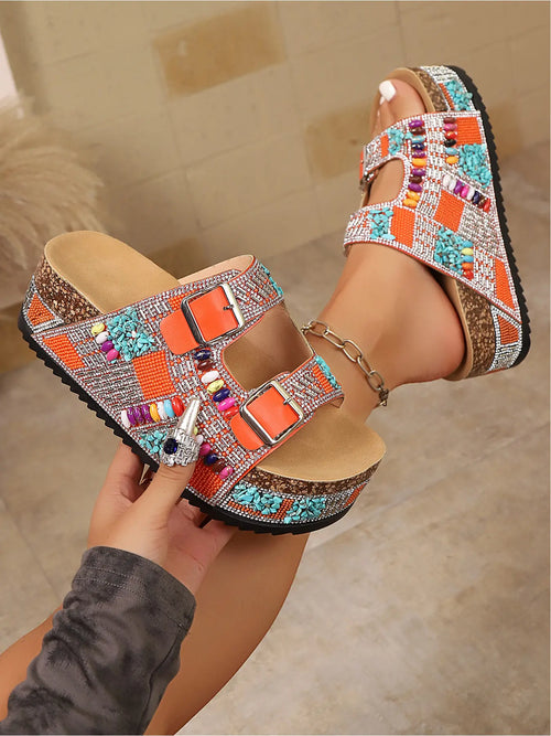 Beaded Orange Platform Slide Sandals with Buckles